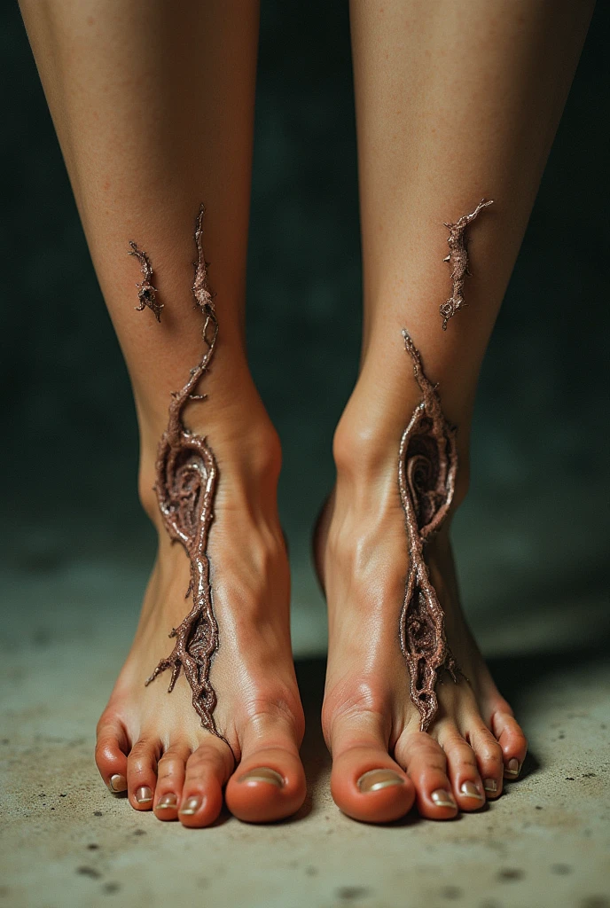 Image of woman&#39;s feet soles With penises on her excited feet

