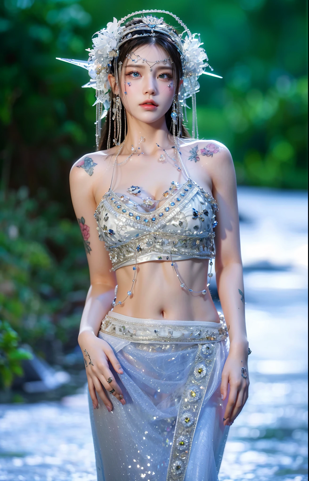 Game Art,Best image quality,Maximum resolution,8K,(A bust photo),(portrait),(Head close-up),(Rule of Thirds),Unreal Engine 5 rendering works,20 year old girl,((Queen)),The eyes are very detailed,(Large Breasts),Elegance and nobility,Light,Light线追踪,Game CG,((3D Unreal Engine)),OC rendering reflection mode,4K,Ultra-clear,Sensual,Translucent lace,Fair and plump figure,Pretty Face,Light泽凝胶涂层,身着华贵礼服的Queen,Crystal Gem Crown,Necklace jewelry,blue eyes,The tattoo is very three-dimensional,Gorgeous and intricate tattoo designs,Ultra-clear portrait,Sexy body,Temple Princess,Fingers straightened