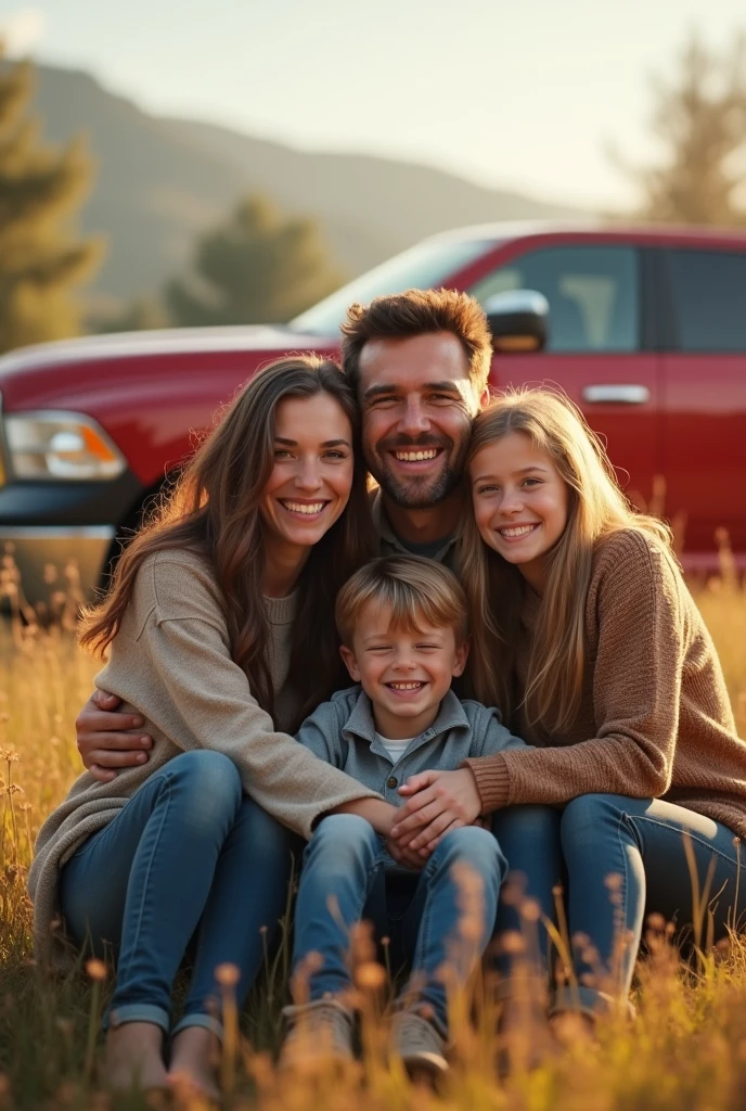 A happy family consisting of a brown-haired father, a mother with long brown hair, a 7 year old blonde daughter and a 9 year old son, in front of his two-story house next to his red Dodge RAM pickup truck