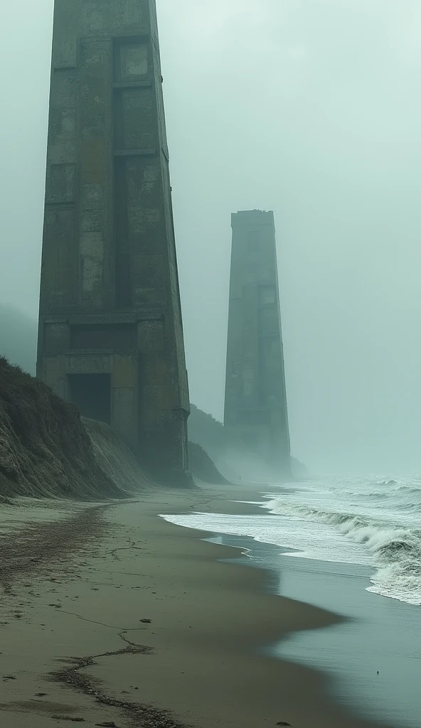 With maximum quality and details create an image of an ominous beach with constructions around 