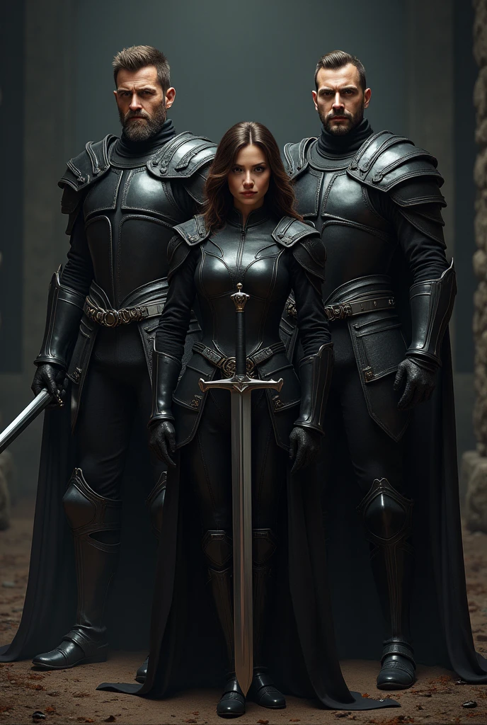 Two men and a woman in black armor taking swords