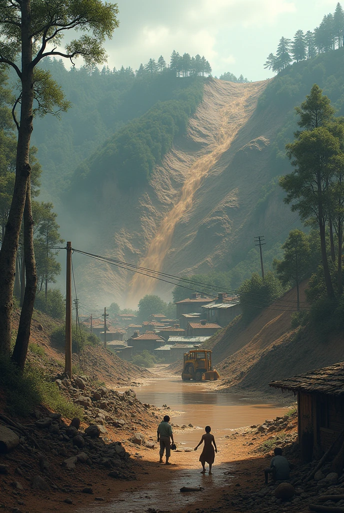 Picture a town located at the foot of a hill devoid of vegetation and life due to deforestation. At the top, the hill shows a landslide that destroyed the houses below it. Around the hill, put an image of a bulldozer cutting down trees, trees that have been cut down, and barren land. At the bottom, add the image of muddy water flowing from the hills to the city, cause flooding. The image of helpless humans in the face of this disaster can be shown in a state of panic or trying to save themselves and their property.