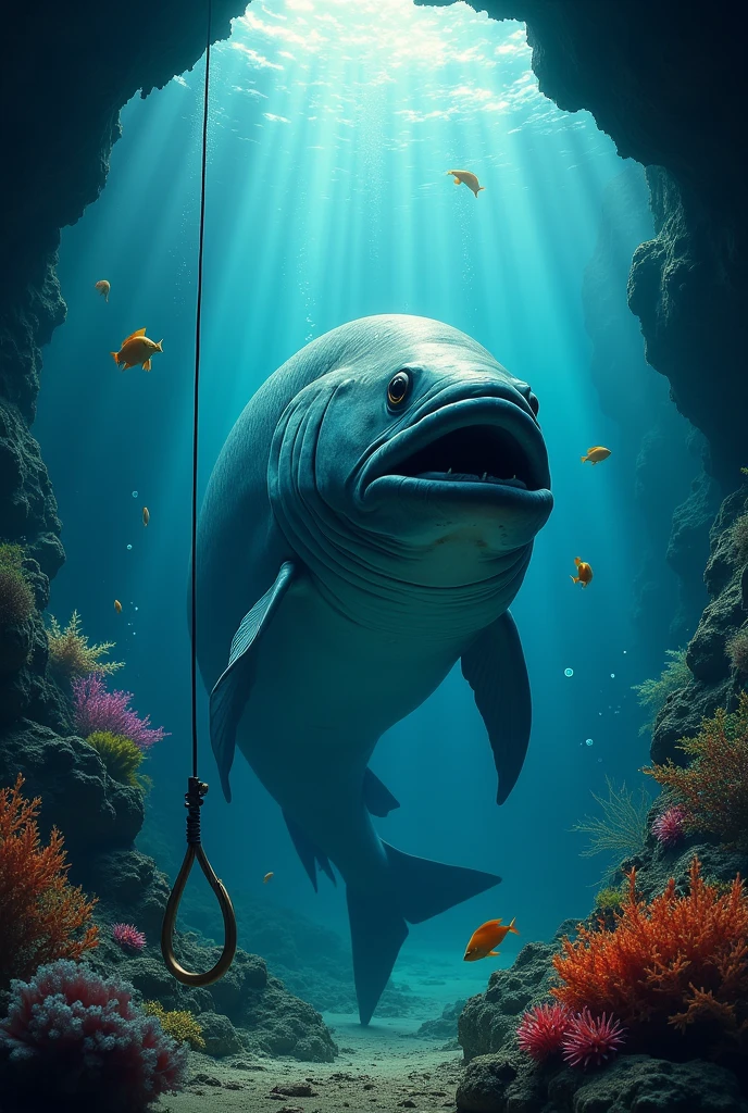 Create a cinematic poster featuring (big fish underwater),(best quality,ultra-detailed,realistic),(the fish is looking at fishing hook),At the bottom of the poster, place the text "It's obvious" in large, bold, distressed letters, underwater photography,clear blue water,lush underwater plants,colorful coral reefs,tropical fish swimming gracefully,big zander fish lurking in the shadows,sparkling sunlight piercing through the water surface,scattered bubbles adding a sense of movement,dimly lit underwater cave in the background,vibrant colors illuminating the scene,faint rays of light enhancing the mystery and beauty of the underwater world, 