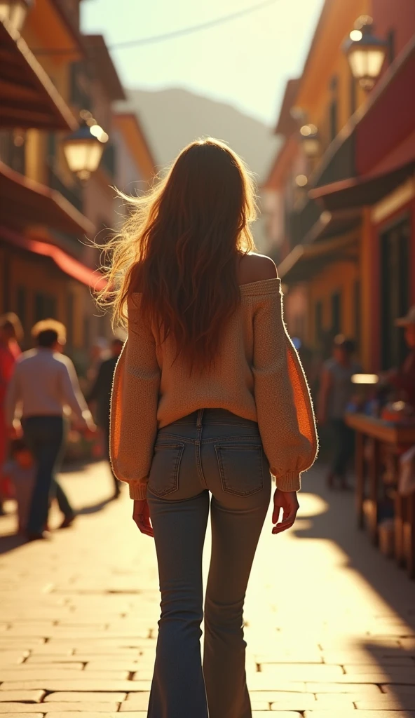 A stunning 3D render of a 22-year-old woman with long, flowing hair, walking through the bustling Plaza de Armas in Cusco, Peru. She is dressed in a fashionable sweater with bell-bottoms, her long hair cascading down her back. The vibrant colors of the Peruvian market surround her, with various vendors and their wares visible in the plaza. The sun casts a warm, golden light over the scene, and there is a sense of depth and movement in the image, as if captured in a living, breathing cinematic moment. Typography subtly adorns the scene, adding an artistic touch to this breathtaking photo., photo, cinematic, typography, painting, 3d render