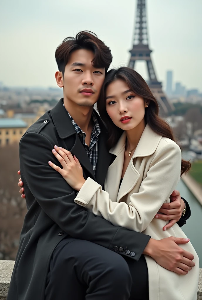 Photography of a 25 year old Asian guy wearing a cool jacket, trousers and shoes, being embraced by a beautiful 20 year old Asian woman sitting in a pose looking forward with a romantic European icon background.