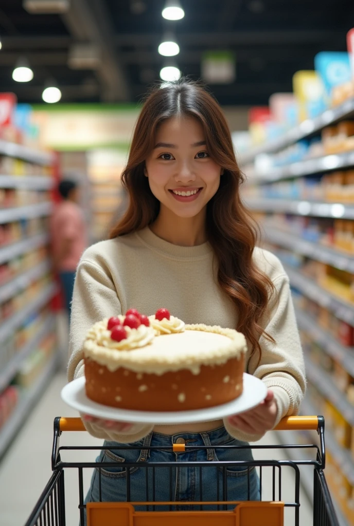 3) A young woman adding to the shopping cart shows the cake product she is going to buy