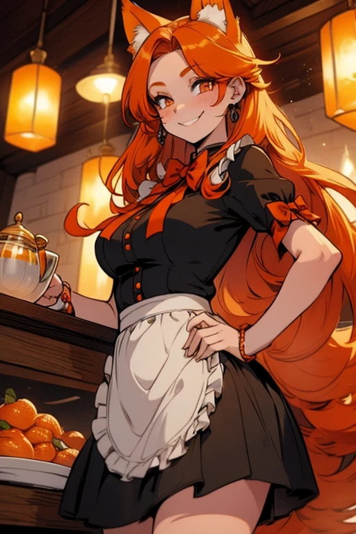 A young orange haired woman with copper eyes and an hourglass figure with orange fox ears and an orange fox tail in a Lolita maid uniform is smiling while serving dinner in a fancy maid cafe