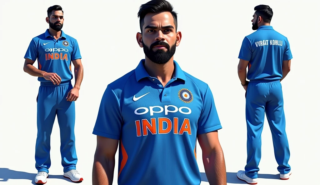 Show me a cricket player Virat Kohli with INDIA written on his blue jersey and white sneakers,3 Views,drop shadow, anaglyph, stereogram, tachi-e, ass pov, atmospheric perspective, 8k, super detail, best quality