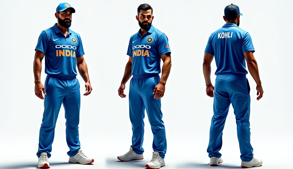 
Show me a cricket player Virat Kohli with INDIA written on his blue jersey and white sneakers,3 Views，drop shadow, anaglyph, stereogram, tachi-e, ass pov, atmospheric perspective, 8k, super detail, best quality