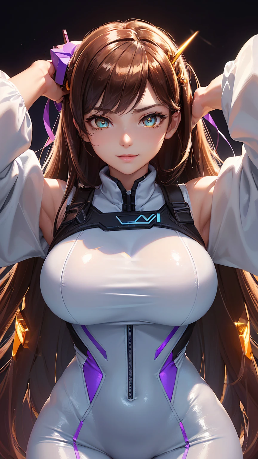 (masterpiece), (best quality), (intricate details), high resolution, visually stunning, sidelighting, (((glowing, ((amber coloured eyes)))), deep shadow, nothing but white background, (Dva from overwatch), (wearing a jumpsuit which is predominantly light blue, with a bit of black and purple on the sides), brown hair, heart-shaped pupils, , innocent smile, cinematic lighting, sparkle, ray tracing, backlighting, ((super shiny face)), thick thighs with skinny body, winking,