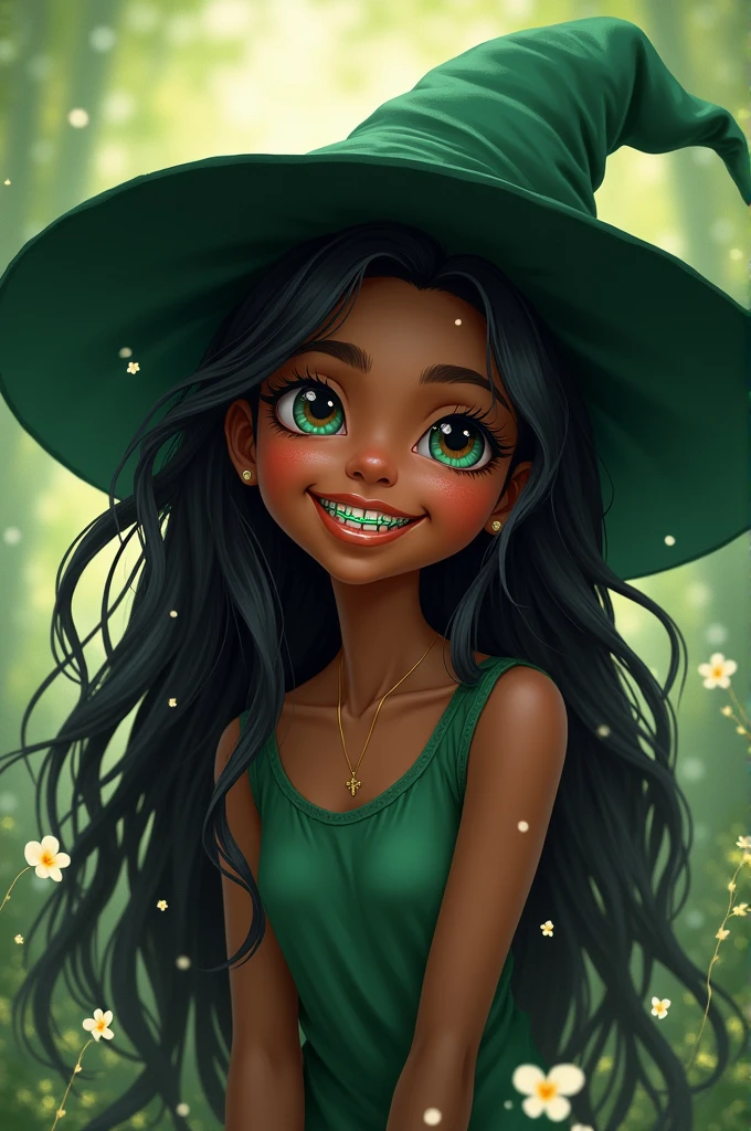 A very cute, tender witch with dark skin, long black hair, a pretty smile and green braces.