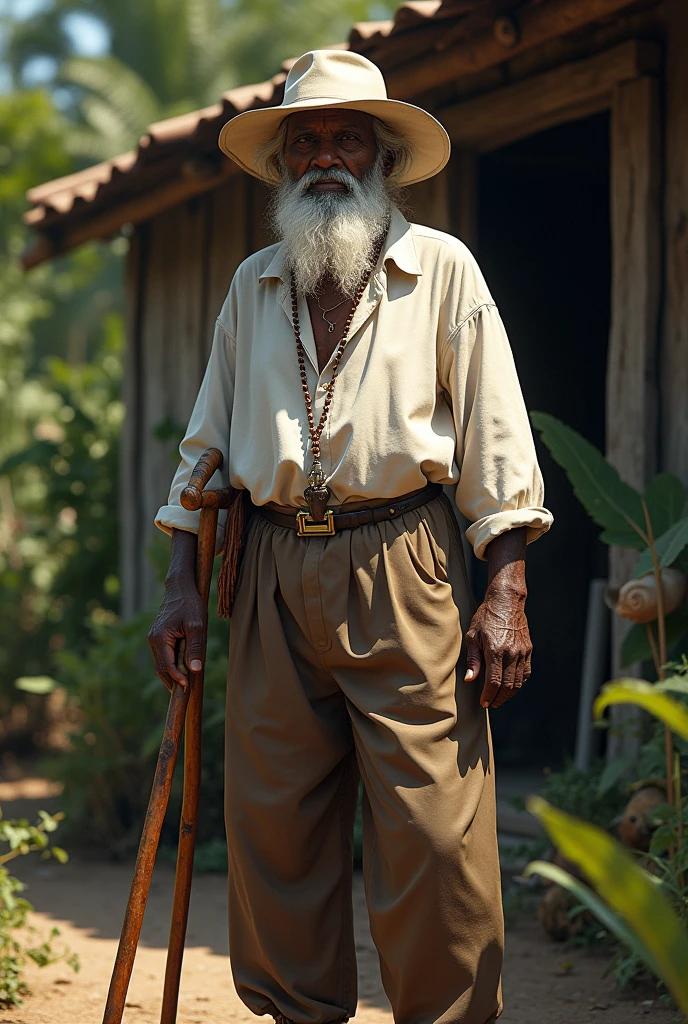 An 80-year-old Afro-Brazilian elder, wearing brown pants and a white shirt, barba, White hat, walking stick and smoking a pipe, rosary around the neck, in the background a wooden house and many medicinal herbs