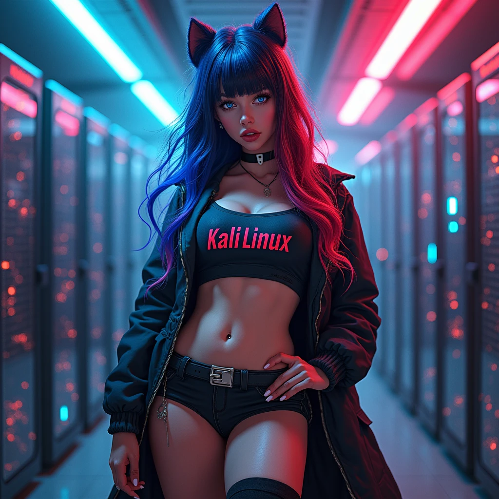 1girl, solo, long hair, breasts, looking at viewer, bangs, blue eyes, skirt, large breasts, thighhighs, long sleeves, navel, cleavage, hair between eyes, closed mouth, underwear, blue hair, standing, collarbone, panties, full body, ponytail, red hair, multicolored hair, boots, open clothes, shoes, choker, midriff, belt, black thighhighs, indoors, miniskirt, black skirt, stomach, black footwear, two-tone hair, streaked hair, coat, crop top, v-shaped eyebrows, thigh strap, ass visible through thighs, black choker, pantyshot, pencil skirt, black belt, open coat, black coat, taut clothes, tube top, with the word "Kali Linux" written on her outfit, servers and computers are visible in the background in a cyberpunk-style environment, featuring neon lights, futuristic buildings, and a high-tech urban atmosphere.