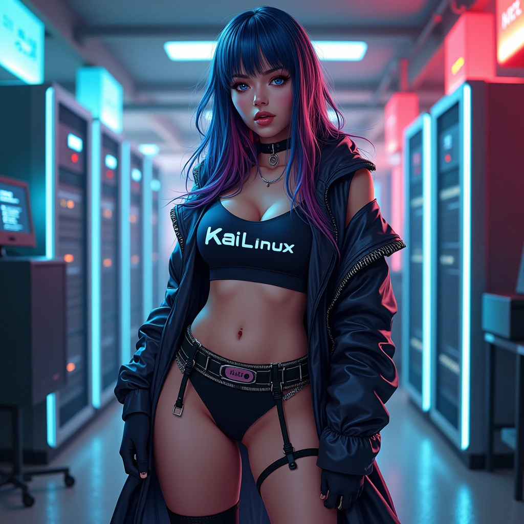 1girl, solo, long hair, breasts, looking at viewer, bangs, blue eyes, skirt, large breasts, thighhighs, long sleeves, navel, cleavage, hair between eyes, closed mouth, underwear, blue hair, standing, collarbone, panties, full body, ponytail, red hair, multicolored hair, boots, open clothes, shoes, choker, midriff, belt, black thighhighs, indoors, miniskirt, black skirt, stomach, black footwear, two-tone hair, streaked hair, coat, crop top, v-shaped eyebrows, thigh strap, ass visible through thighs, black choker, pantyshot, pencil skirt, black belt, open coat, black coat, taut clothes, tube top, with the word "Kali Linux" written on her outfit, servers and computers are visible in the background in a cyberpunk-style environment, featuring neon lights, futuristic buildings, and a high-tech urban atmosphere.
