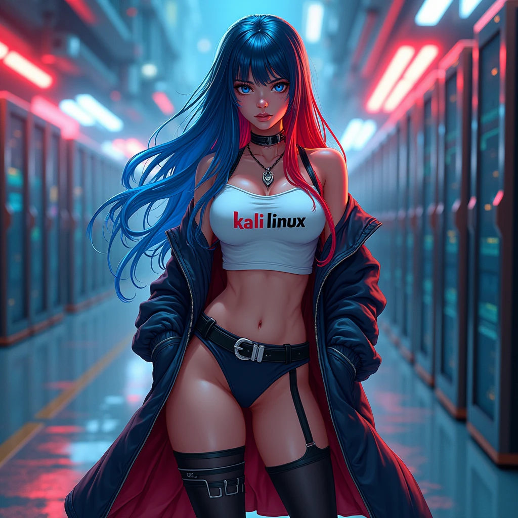 1girl, solo, long hair, breasts, looking at viewer, bangs, blue eyes, skirt, large breasts, thighhighs, long sleeves, navel, cleavage, hair between eyes, closed mouth, underwear, blue hair, standing, collarbone, panties, full body, ponytail, red hair, multicolored hair, boots, open clothes, shoes, choker, midriff, belt, black thighhighs, indoors, miniskirt, black skirt, stomach, black footwear, two-tone hair, streaked hair, coat, crop top, v-shaped eyebrows, thigh strap, ass visible through thighs, black choker, pantyshot, pencil skirt, black belt, open coat, black coat, taut clothes, tube top, with the word "Kali Linux" written on her outfit, servers and computers are visible in the background in a cyberpunk-style environment, featuring neon lights, futuristic buildings, and a high-tech urban atmosphere.
