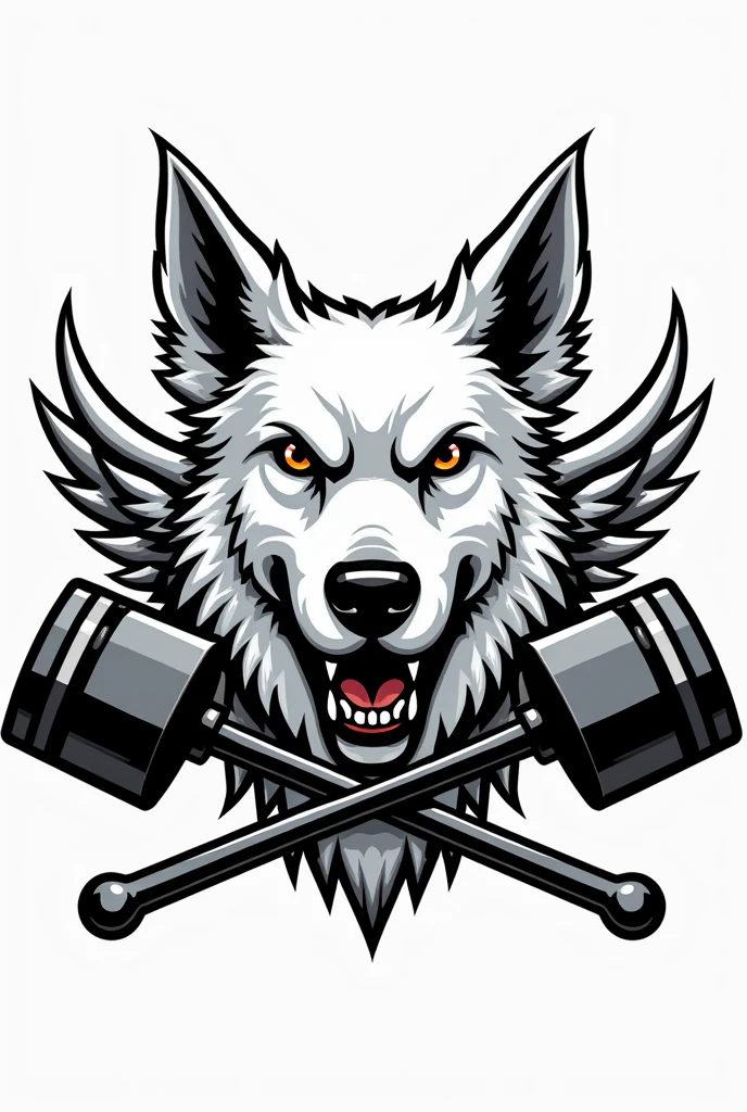 I need a coat of arms for a motorcycle club with an angry white border colie dog in the middle but only his bust, with small wings coming out from behind him on the sides, and two crossed pistons coming out of the bottom of the dog&#39;s head