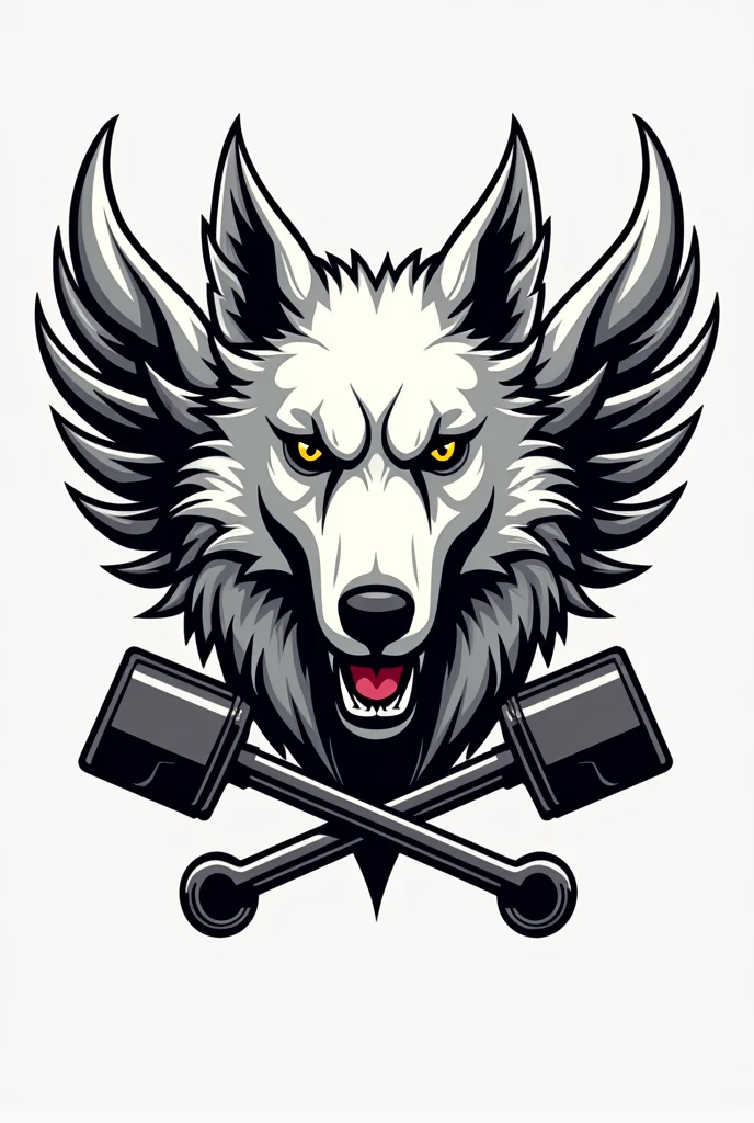 I need a coat of arms for a motorcycle club with an angry white border colie dog in the middle but only his bust, with small wings coming out from behind him on the sides, and two crossed pistons coming out of the bottom of the dog's head