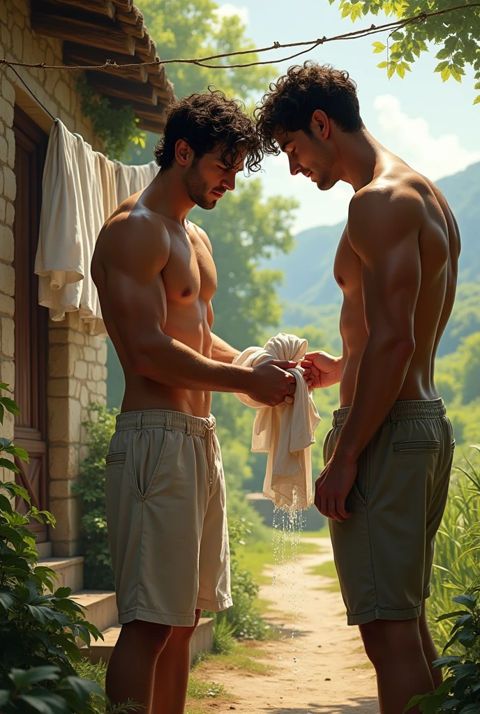 A handsome man washing his clothes in his country house naked holding his clothes by a wire to dry while a handsome young man watches him