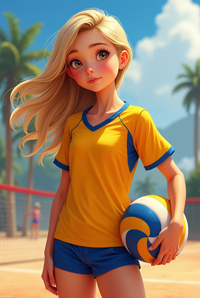 old girl with blonde hair, light brown eyes, rosy cheeks, a fried nose and an oval shaped face, with a small waist and thick legs wearing a volleyball uniform