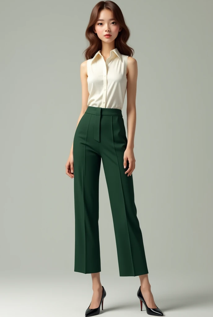 Realistic white-skinned woman with big eyes and a round face with not-very-blond, not-very-long brown hair , with a white sleeveless blouse and green dress pants that are not too wide and with the most important thing:black heels on his white feet visible more than the pants