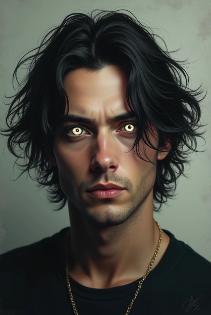 A medium-sized man with black hair and white eyes and light brown eyes.