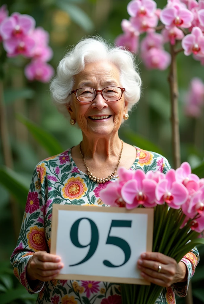 Beautiful white skinned grandma wearing glasses and necklace with colorful blouse in an orchid garden holding a sign written: 95 with 20 arrangement