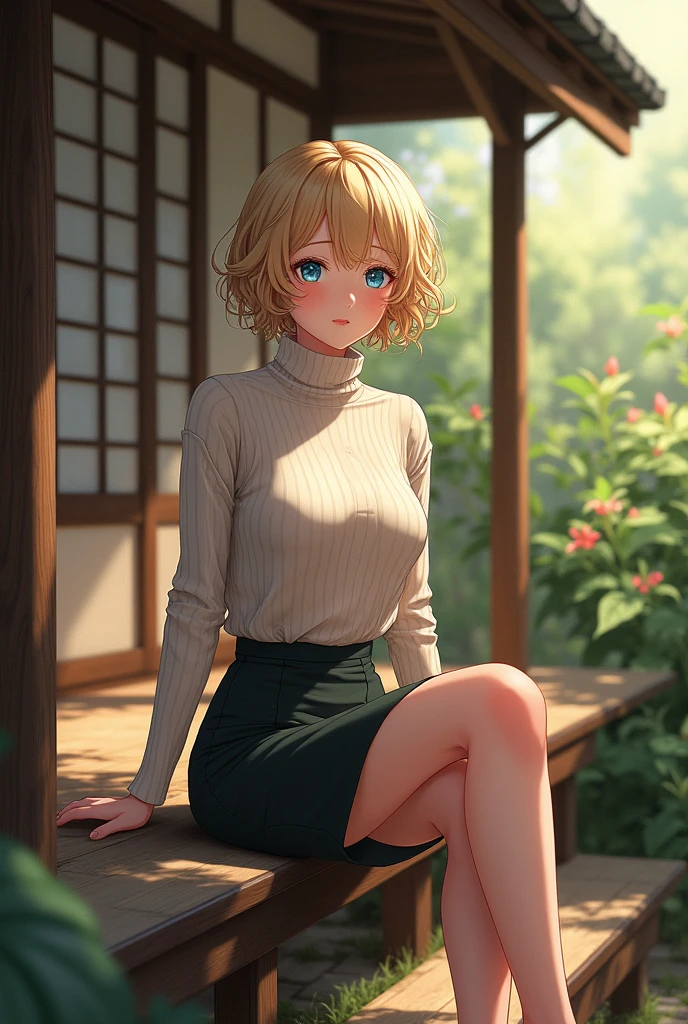 (photorealism:1.2), beautiful woman, sitting on porch, wearing turtleneck sweater, pencil skirt, blonde, short curly hair, outdoors, soft lighting, plants in garden, relaxed pose, realistic, intricate details, warm colors, japanese style home, anime style, blue eyes