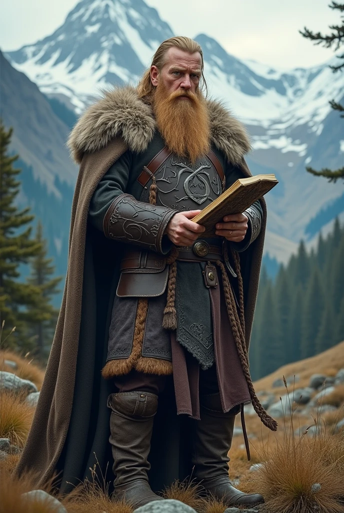 Blond, bearded man in Viking style and hooded holding a Bible