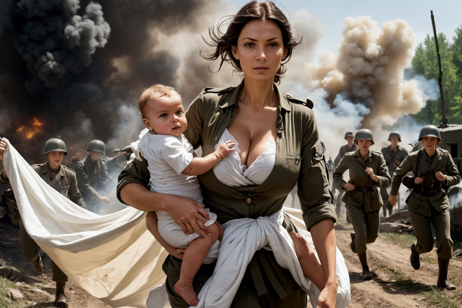 Create a representation of Stanisława Leszczyńska in the midst of war camp, holding a baby, the baby is wrapped in sheets, her clothe is of militar nurse, she is running on the midst of war, explosions on her back, shooters on her back, his clothes a little torn, full body, sexy body, showing her sexy legs, big boobs