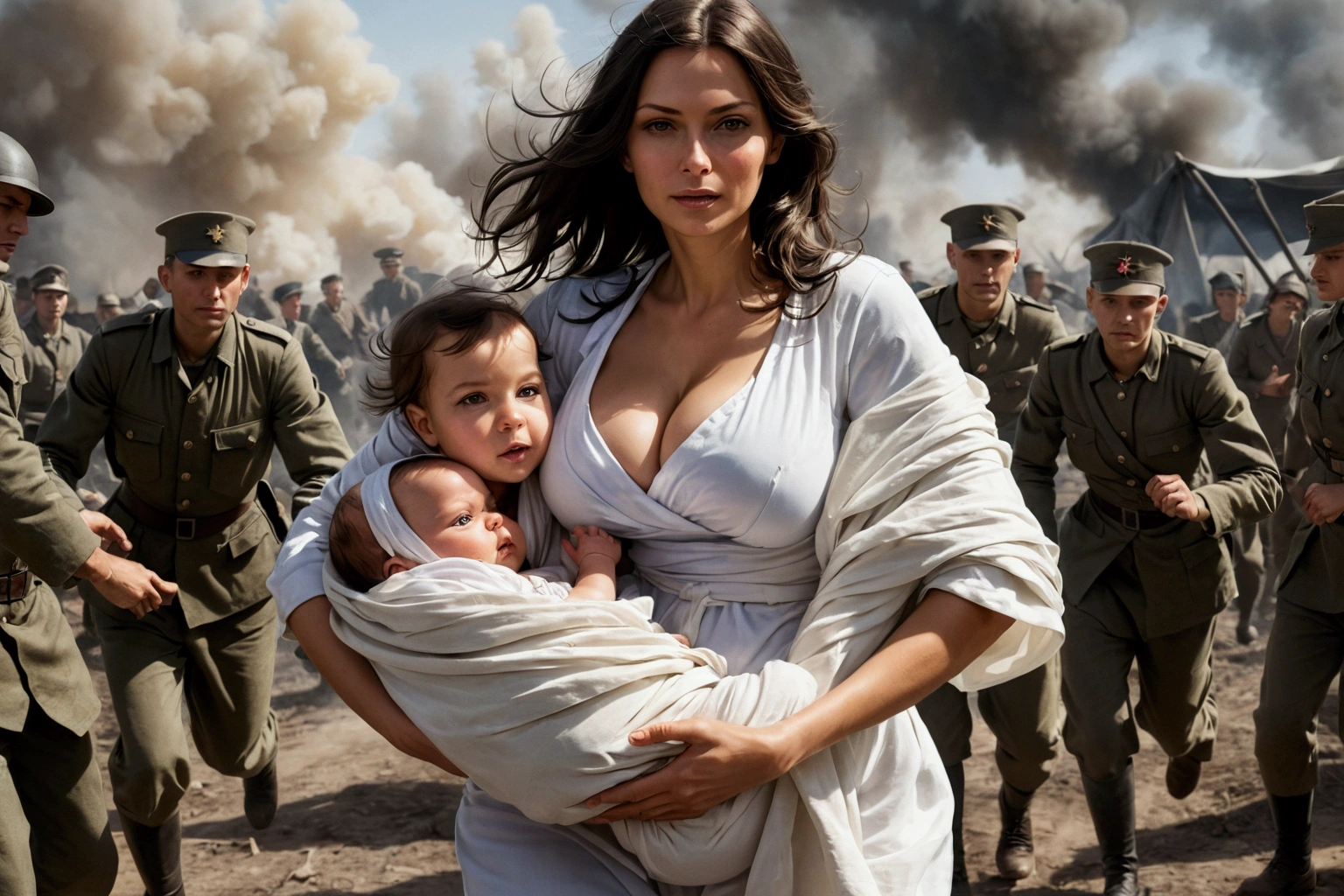 Create a representation of Stanisława Leszczyńska in the midst of war camp, holding a baby, the baby is wrapped in sheets, her clothe is of militar nurse, she is running on the midst of war, explosions on her back, shooters on her back, his clothes a little torn, full body, sexy body, showing her sexy legs, big boobs
