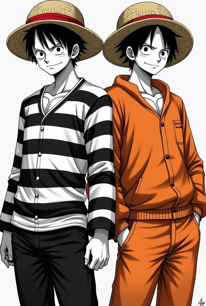 Monkey D. Luffy in a black and white striped long-sleeved prison uniform and Monkey D. .... Luffy in orange long sleeve prison uniform Original anime One Piece