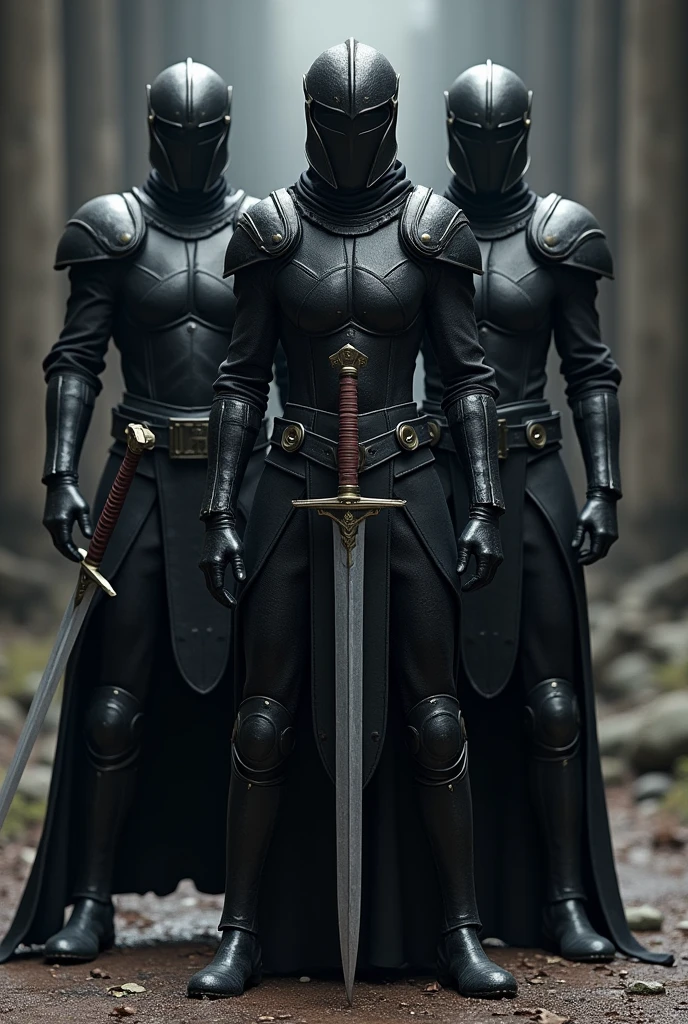 Two men and a woman in helmets and black armor taking swords