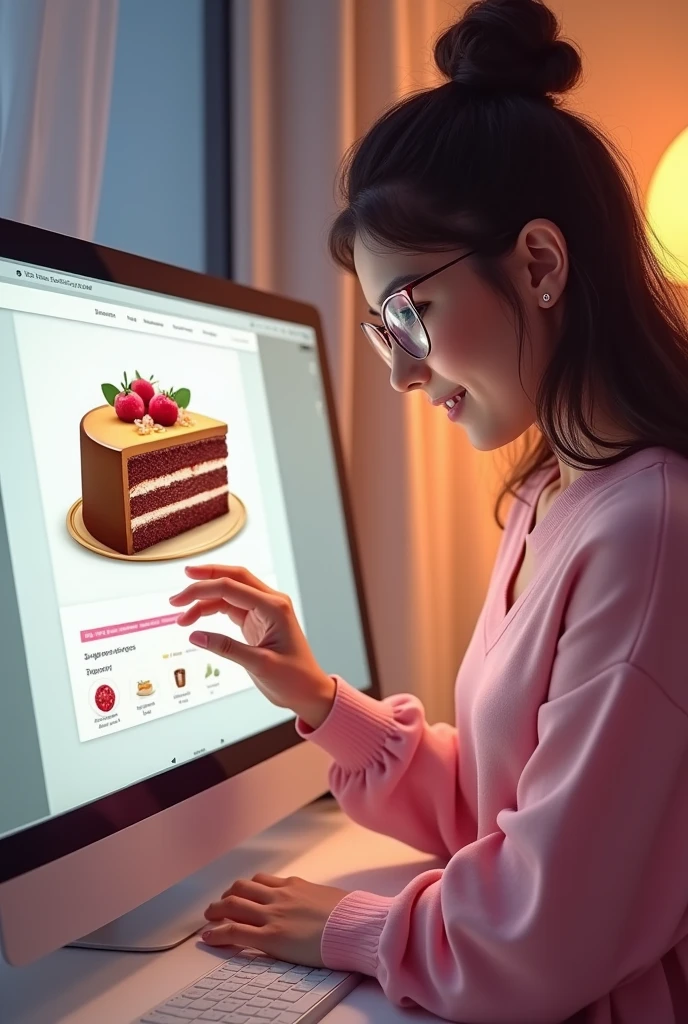 3) A young woman adding to the shopping cart on the website shows the cake product she will buy