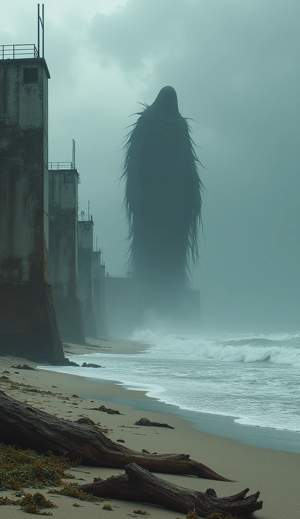 With maximum quality and details create an image of an ominous beach with a  in the shore constructions around 