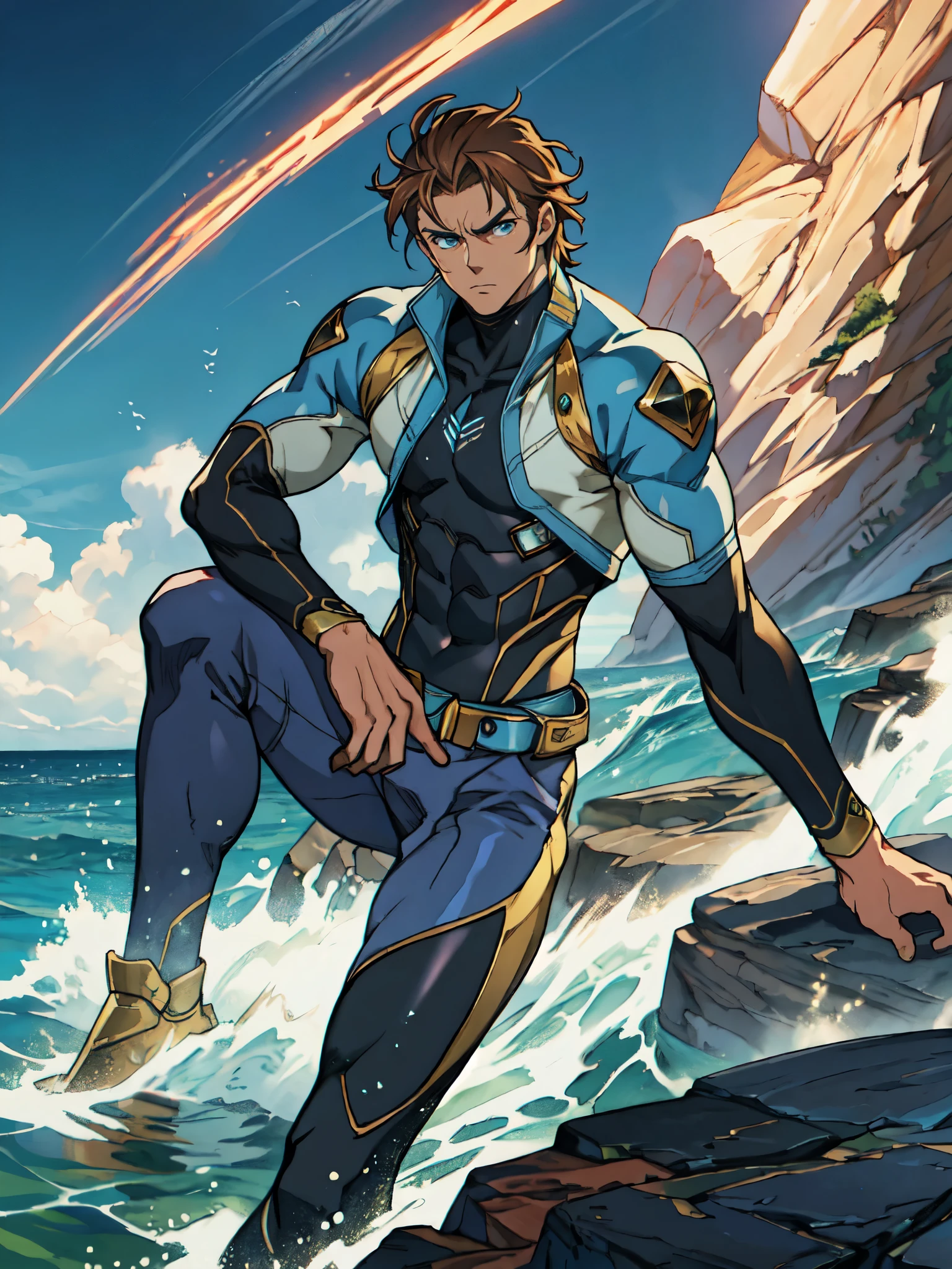 (masterpiece:1.2, best quality:1.2, extremely delicate:1.2), ((male:1.5)), a mature man with short, slightly curly brown hair, a well-defined face, intense eyes, a thoughtful expression, brown skin, tall and athletic build, a futuristic fantasy-style blue and black short-sleeved tight-fitting wetsuit, matching trousers, wrist guards, he sits leisurely on a seaside rock, this character embodies a finely crafted futuristic fantasy-style swimmer in anime style, exquisite and mature manga art style, dramatic, high definition, highres, ultra-detailed, ultra-fine painting, professional, perfect body proportions, golden ratio, anatomically correct, symmetrical face, extremely detailed eyes and face, high quality eyes, creativity, RAW photo, UHD, 32k, Natural light, cinematic lighting, (masterpiece-anatomy-perfect:1.2)