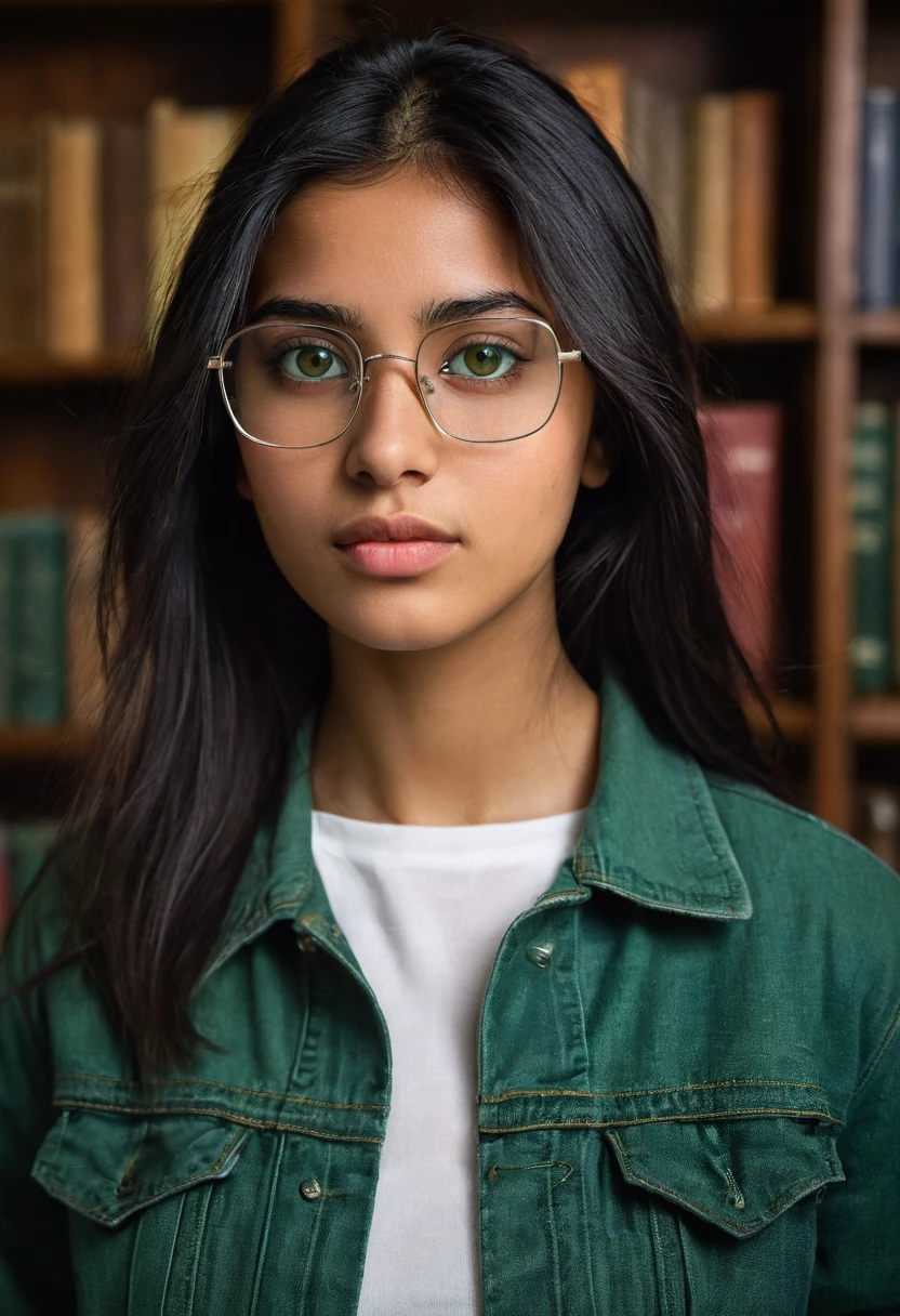 Close-up portrait of a 19-year-old woman with olive skin and long black hair, smooth and well cared for, falling on shoulders. She wears square framed glasses, that highlight your emerald green eyes. His expression is thoughtful, with a slight smile on the corner of his lips. She is wearing an oversized denim jacket and a simple white blouse.. The scene takes place in an old library, with dark wooden bookshelves in the background. The lighting is soft and diffused, with a beam of natural light coming from a window next door, delicately illuminating the young woman's face and creating subtle reflections on her glasses. small details, like hair texture and skin smoothness, must be captured to maximize realism."
This variation highlights a more introspective and intellectual scenario., with emphasis on subtle details that enhance the authenticity of the image.