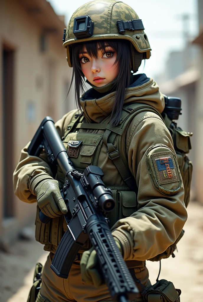 high quality, cute american multicam clothing, protective helmet, mk18 mod 0 Tacticool, masterpiece, Perfect full body shot, medium breasts