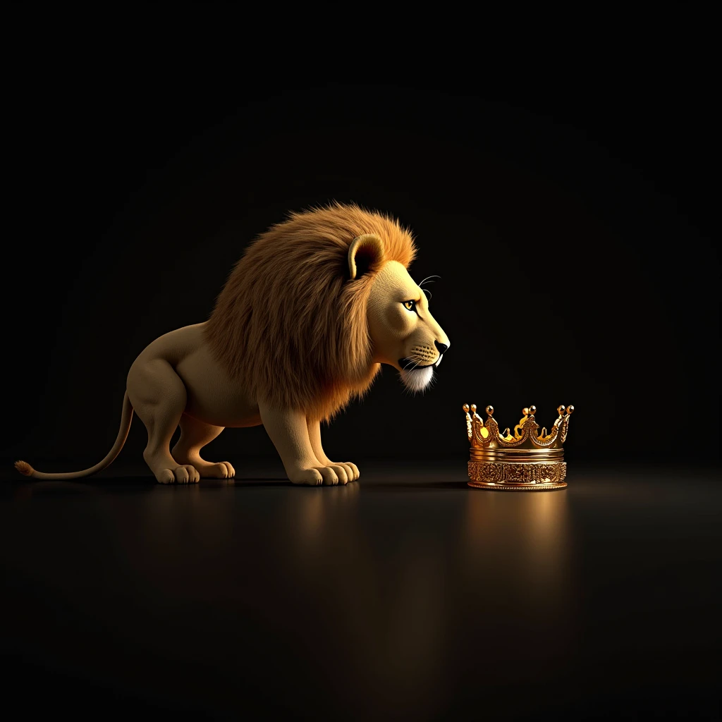 create a realistic golden lion from the side looking at a golden crown both are on a black background