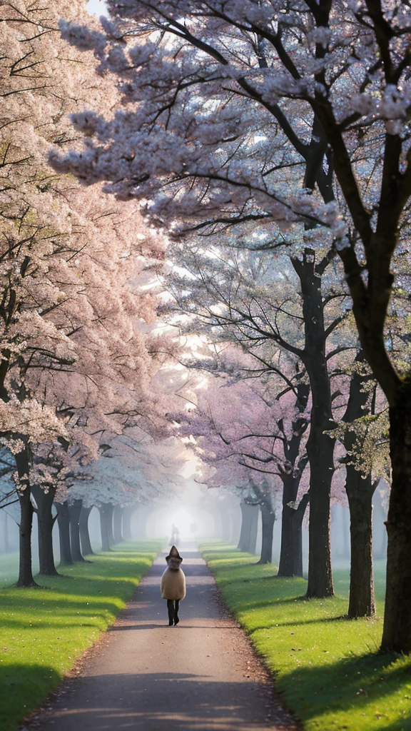 A country path lined with trees whose leaves are a soft pastel blue. The path is almost completely covered by the tree canopy. The scene is set at dawn, with a light mist hanging in the air. The leaves move slightly in the morning breeze, and the sky is a soft pink and orange as the sun begins to rise. A cat is seen walking far down the path.