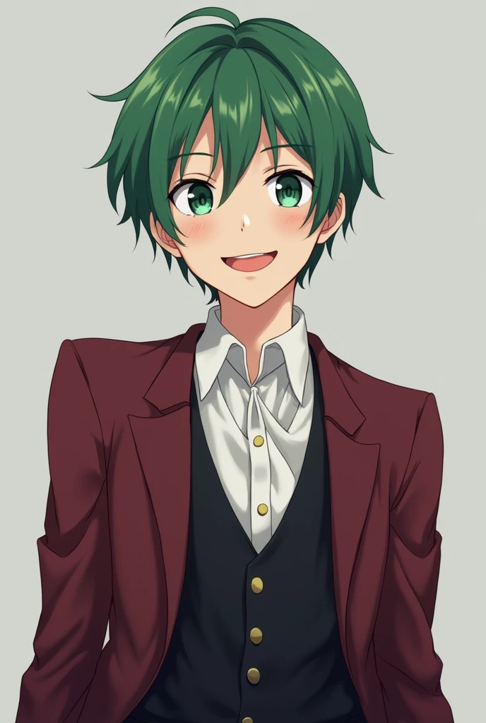 More mature anime style image. A gray background image. Teenager with short green hair and the same eye color. He had a happy and captivating smile on his lips. He wore a white dress blouse with a loose tie, a black vest under a dark red blazer and black pants.
