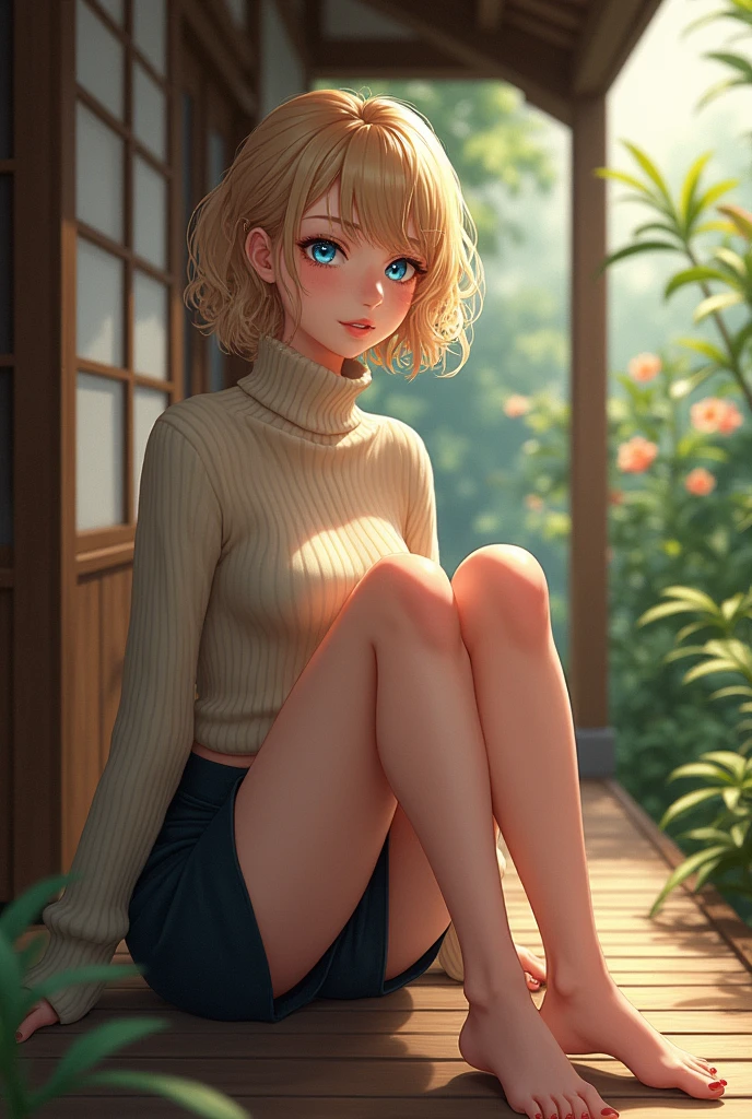 (photorealism:1.2), beautiful woman, sitting on porch, wearing turtleneck sweater, pencil skirt, blonde, short curly hair, outdoors, soft lighting, plants in garden, relaxed pose, realistic, intricate details, warm colors, japanese style home, anime style, blue eyes