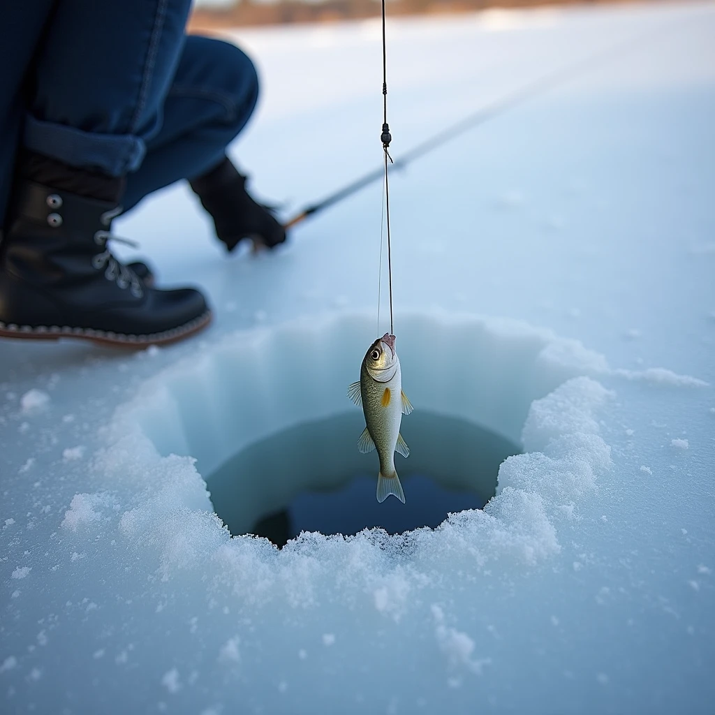 On a frozen lake, a fishing line is dropped into a hole in the ice. Smelt fishing.