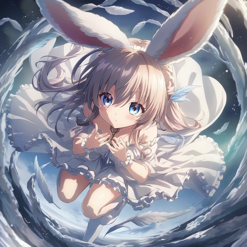 dynamic angle, ultra intricate, ultra detailed, anime artwork {The wind spirit frilly bunny that creates tornadoes appears as if she embodies the power of nature. Her is as light as the wind, wrapped in transparent feathers. Her long rabbit ears sway in the breeze, as if sensing the flow of the air. When she waves her hand, the surrounding air swirls, and a tornado is born. The tornado dances around her, highlighting her strength and beauty.} . anime style, key visual, vibrant, studio anime, highly detailed, created by japanese anime studio. highly emotional. best quality, high resolution