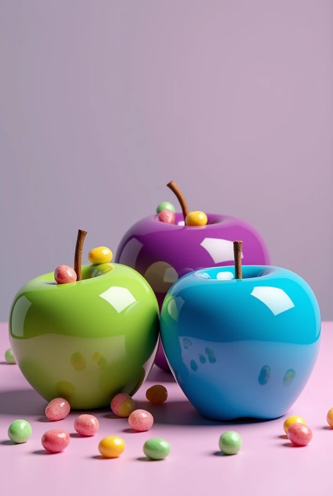 An image with 3 apples, one green, one purple and one blue, that are glazed and have jelly beans on top.