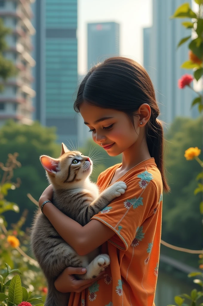 An indian girl with a cat in Singapore