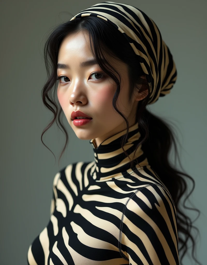 A thin and beautiful asian muslimah muslim woman with beautiful lips and beautiful cheeks wears zebra print lycra turtleneck unitard catsuit.She always wear cotton zebra print hijab.She is my favourite best beautiful teacher.She is crawling.