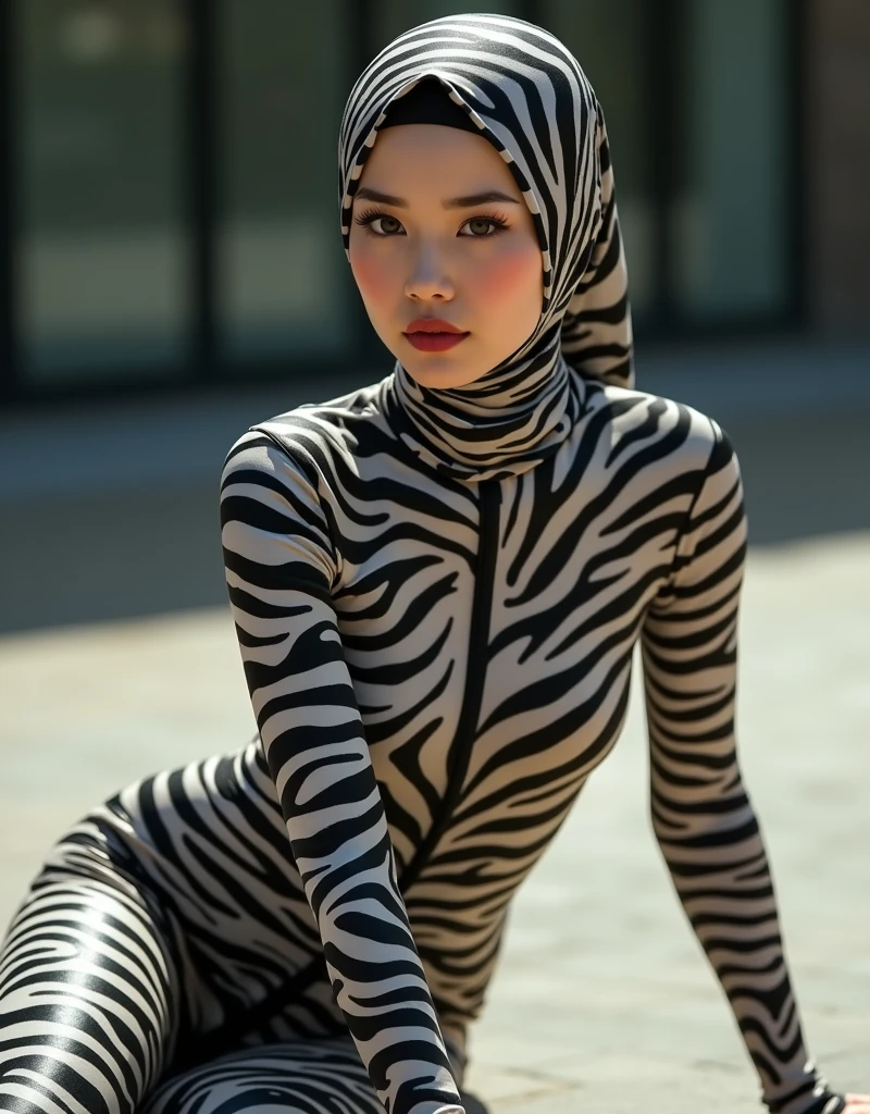 A thin and beautiful asian muslimah muslim woman with beautiful lips and beautiful cheeks wears zebra print lycra turtleneck unitard catsuit.She always wear cotton zebra print hijab.She is my favourite best beautiful teacher.She is crawling.