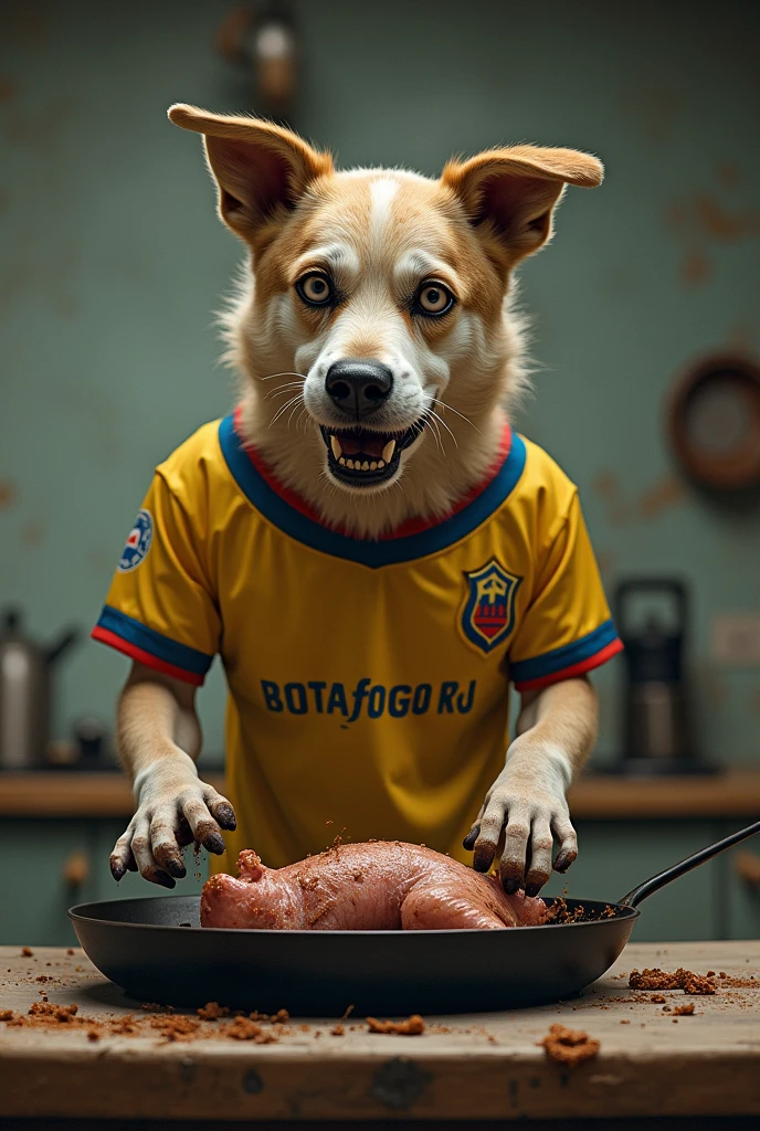 Very nervous dog, wearing a Botafogo RJ shirt, frying a dirty pig
