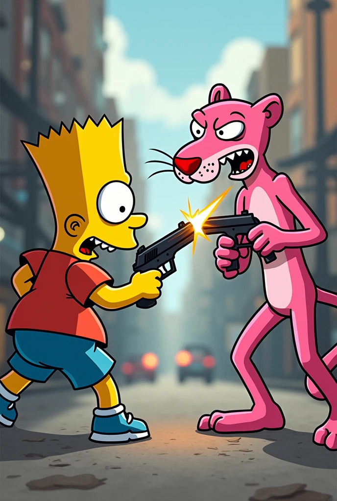 Bart Simpson fighting the pink panther with bullets