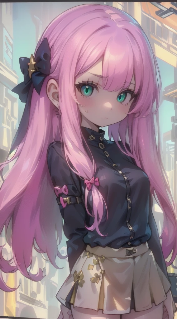 CG K Ultrarealistic ,((premium、8k、32K、masterpiece)), (superfine illustration)、(super high resolution), (((adult body))), (masterpiece, Best Quality:1.2),a beautiful girl,Skin details processing....,The eyes are finely described....,delicate hair,Cabello ondulado largo color green:1.5,long light hair,She has a big bow on her head...,black sweater,white dots,Skirt,green,clean background